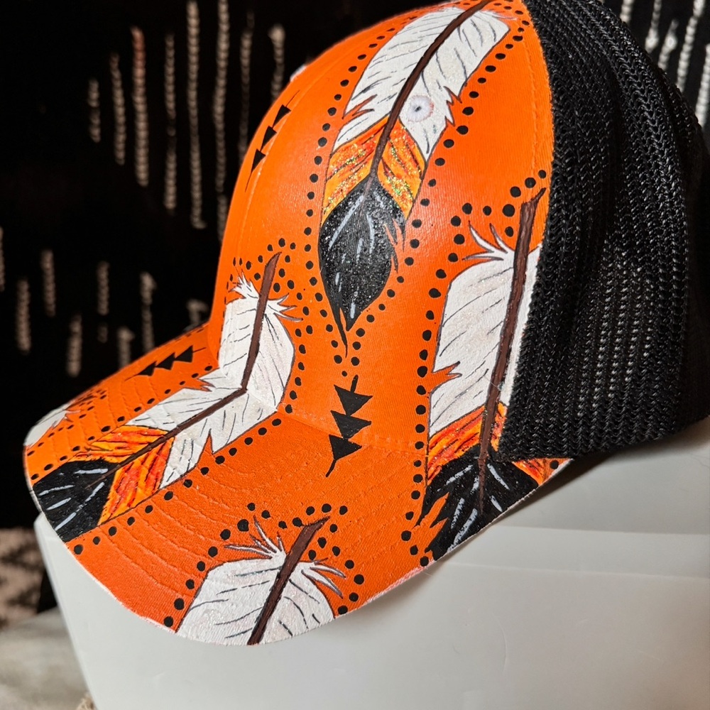 Boho Orange & Black Feather Pattern Ball Cap
